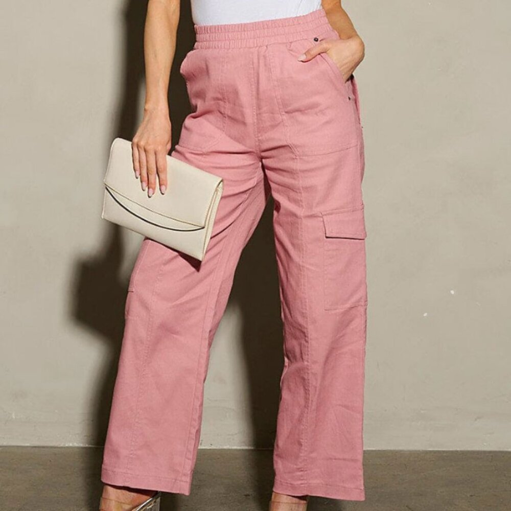 Elastic Waist Cargo Pockets Wide Leg Pants "MAUVE"